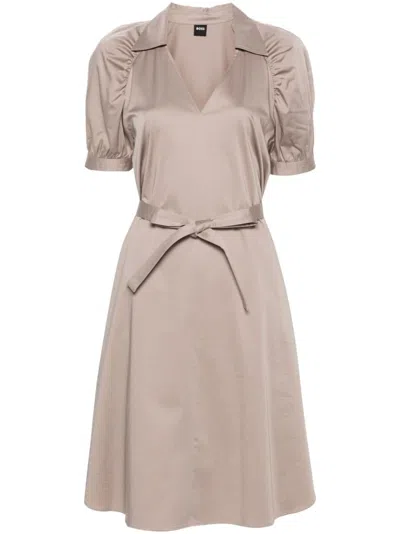 Hugo Boss Belted Satin Midi Dress In Nude