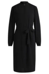 Hugo Boss Belted Shirt Dress In Crepe Georgette With Stand Collar In Black