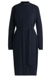 Hugo Boss Belted Shirt Dress In Crepe Georgette With Stand Collar In Dark Blue