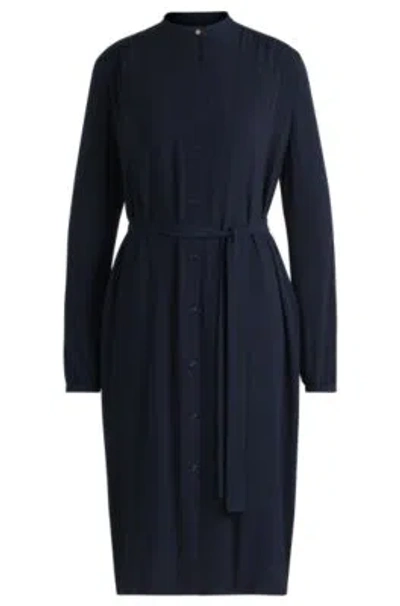 Hugo Boss Belted Shirt Dress In Crepe Georgette With Stand Collar In Dark Blue