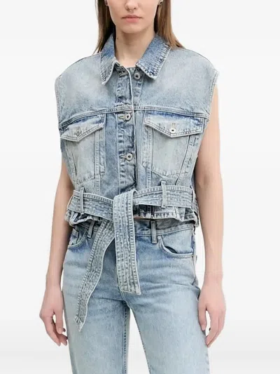 Hugo Boss Belted Sleeveless Denim Jacket In Blue