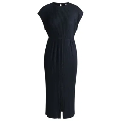 HUGO BOSS BELTED SLEEVELESS DRESS IN HIGH-SHINE PLISSÉ
