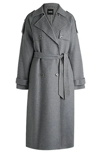 Hugo Boss Belted Trench Coat In A Wool Blend In Silver