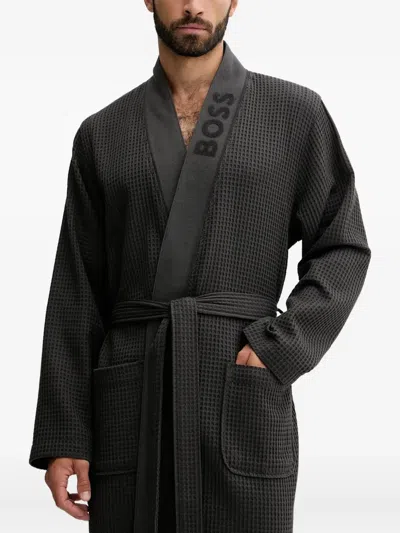 Hugo Boss Belted Waffle-knit Dressing Gown In Black