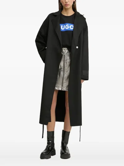 Hugo Boss Belted-waist Lapel Coat In Black