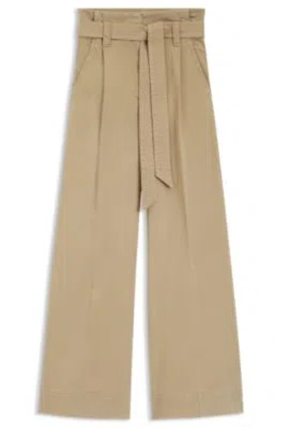 Hugo Boss Belted Wide-leg Pants In Stretch-cotton Twill In Brown