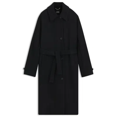 Hugo Boss Belted Wool-blend Coat In A Relaxed Fit In Black