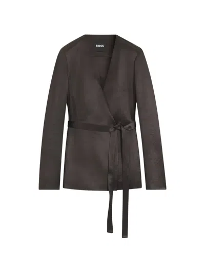 Hugo Boss Belted Wrap-style Jacket In Brown