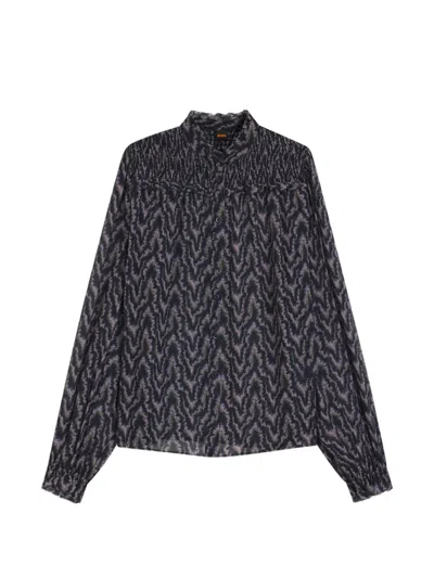 Hugo Boss Benvylla Shirred-detail Patterned Blouse In Blue