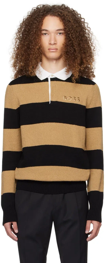 Hugo Boss Black & Tan Striped Polo In Black 001