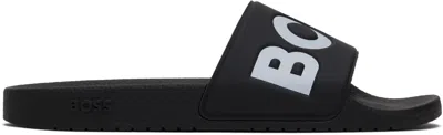 Hugo Boss Black & White Large Logo Detail Pool Slides In 002-black