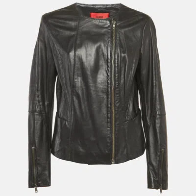Pre-owned Hugo Boss Black Black Leather Libea Jacket Xl