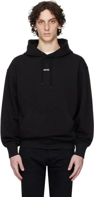 HUGO BOSS BLACK COTTON TERRY CONTRAST LOGO HOODIE