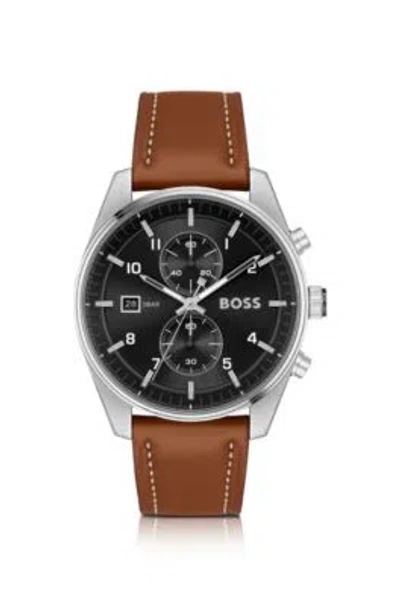 Hugo Boss Black-dial Chronograph Watch With Brown Leather Strap Men's Watches In Red