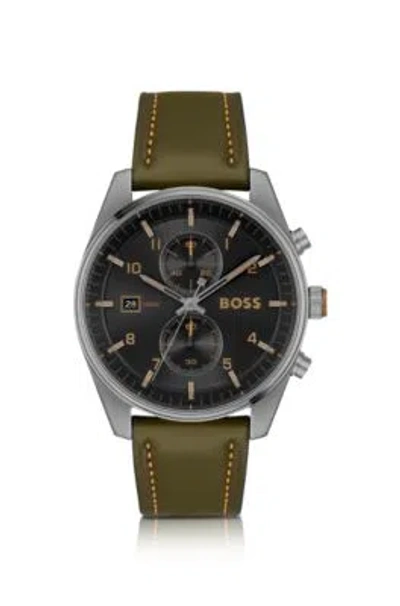 Hugo Boss Black-dial Chronograph Watch With Green Leather Strap Men's Watches