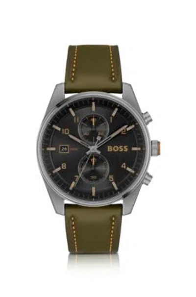 Hugo Boss Black-dial Chronograph Watch With Green Leather Strap Men's Watches In Assorted-pre-pack