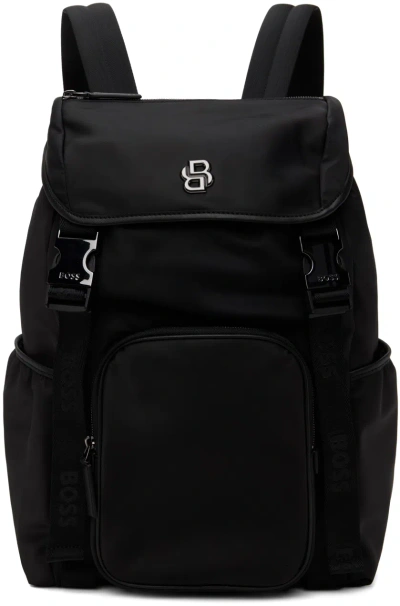 Hugo Boss Black Double Monogram Backpack In 001-black