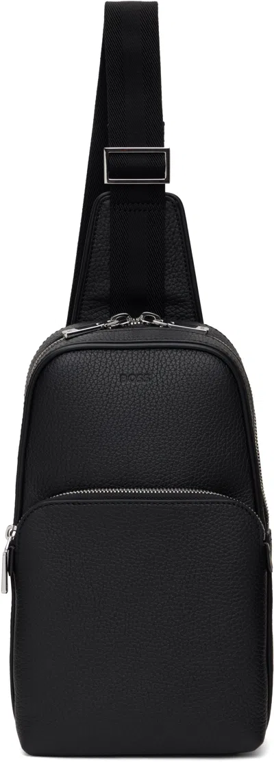 Hugo Boss Black Grained Leather Single Backpack In 001-black