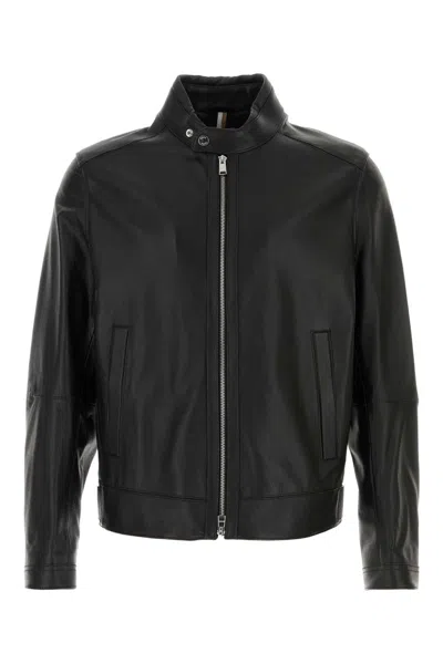 Hugo Boss Regular-fit Jacket In Grained Leather In Black