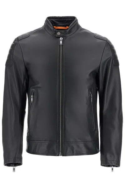 Hugo Boss Black Leather Jacket With High Collar And Quilted Details