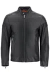 Hugo Boss Black Leather Jacket With High Collar And Quilted Details In Black