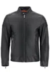Hugo Boss Black Leather Jacket With High Collar And Quilted Details In Black