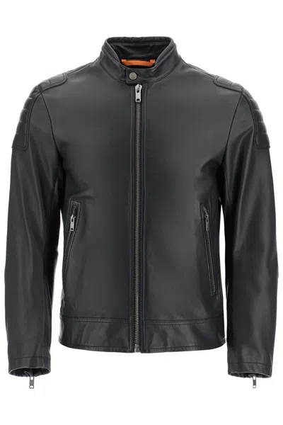 HUGO BOSS BLACK LEATHER JACKET WITH HIGH COLLAR AND QUILTED DETAILS