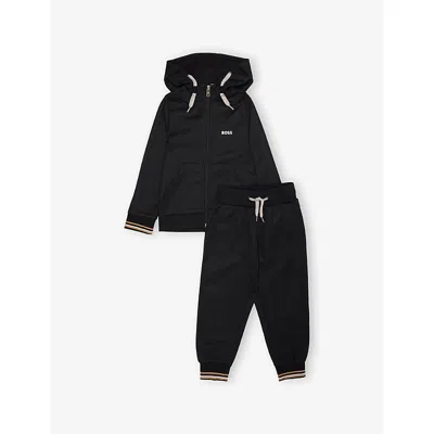 Hugo Boss Kids' Black Logo-embroidered Striped Cotton Tracksuit Set 4-16