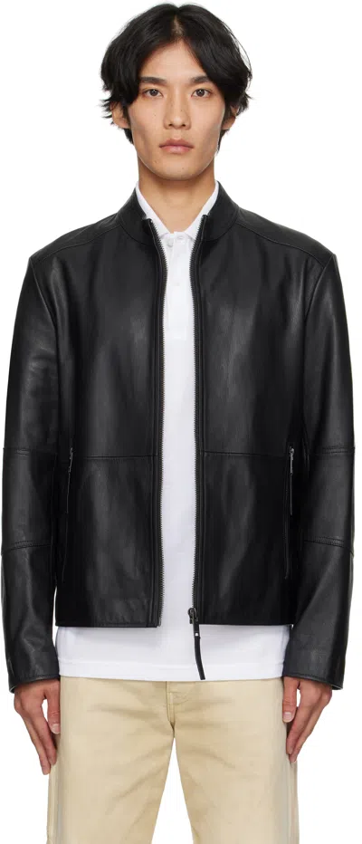 Hugo Boss Long-sleeved Leather Jacket In Black