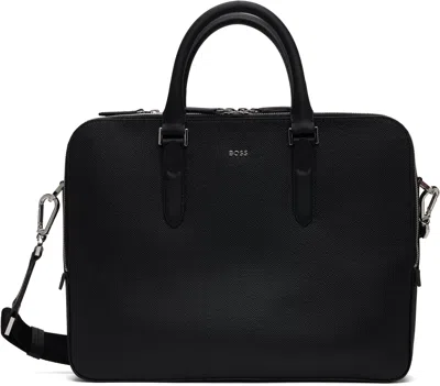 Hugo Boss Black Structured Leather Logo Lettering Briefcase In 001-black