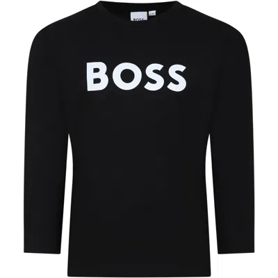 Hugo Boss Kids' Blue T-shirt For Boy With Logo In Black