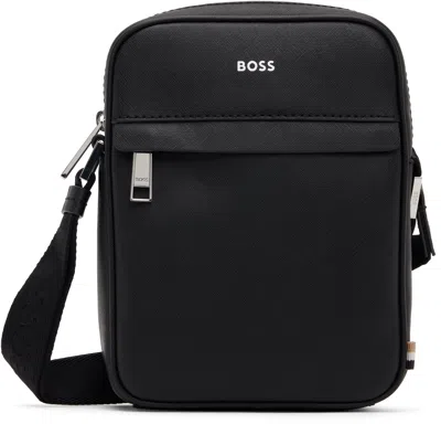 Hugo Boss Black Zip Large Leather Messenger Bag In 001-black