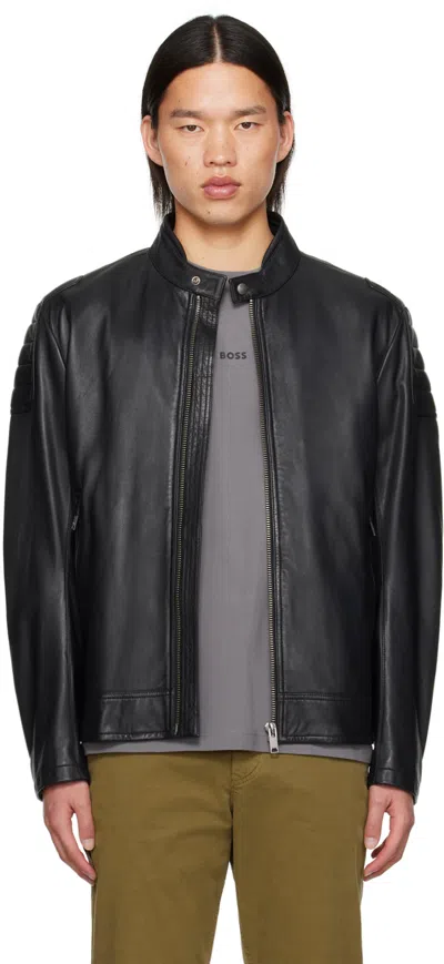 Hugo Boss Black Zip Leather Jacket In 001-black