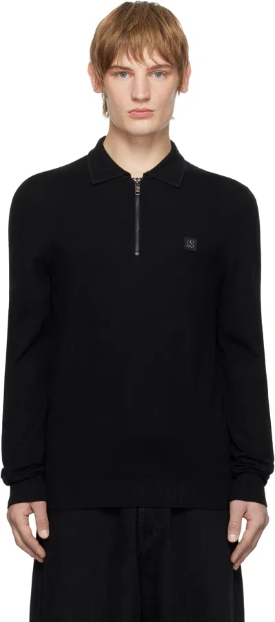 Hugo Boss Black Zip-neck Stacked Logo Polo In 001-black
