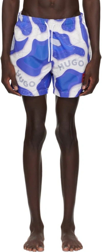 Hugo Boss Blue & White Printed Swim Shorts In Medium Blue 420