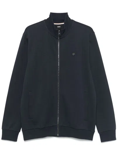 Hugo Boss Zip-up High Collar Sweater In Soft Cotton Blend In Black