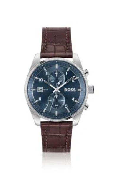 HUGO BOSS BLUE-DIAL CHRONOGRAPH WATCH WITH ALLIGATOR-EMBOSSED LEATHER STRAP MEN'S WATCHES