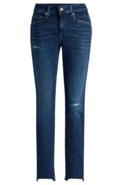 Hugo Boss Blue Jeans In Distressed Stretch Denim With Frayed Hems In Dark Blue