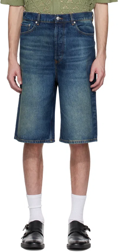 Hugo Boss Blue Logo Patch Denim Shorts In 420-medium Blue