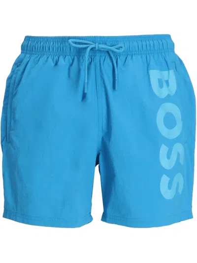 Hugo Boss Quick-dry Swim Shorts With Vertical Logo Print In Blue