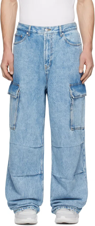 Hugo Boss Blue Loose-fit Denim Cargo Pants In 451-/pastel Blu