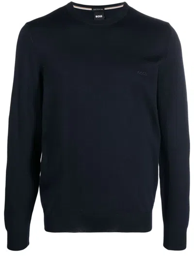 Hugo Boss Boss Regular Fit Virgin Wool Jumper With Embroidered Logo In Black