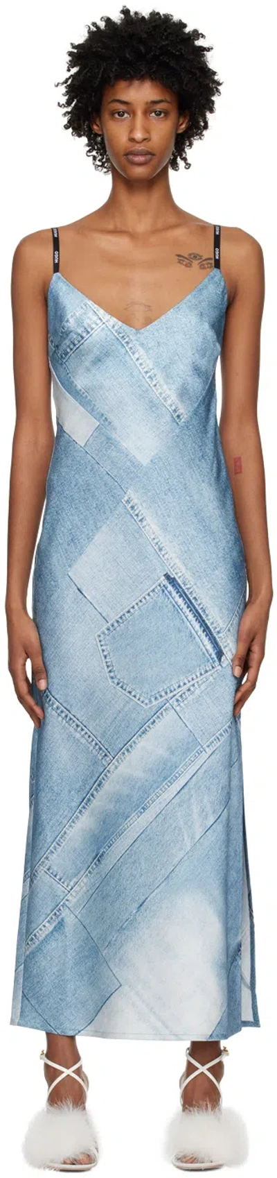 Hugo Boss Blue V-neck Midi Dress In 985 Open Miscellaneo