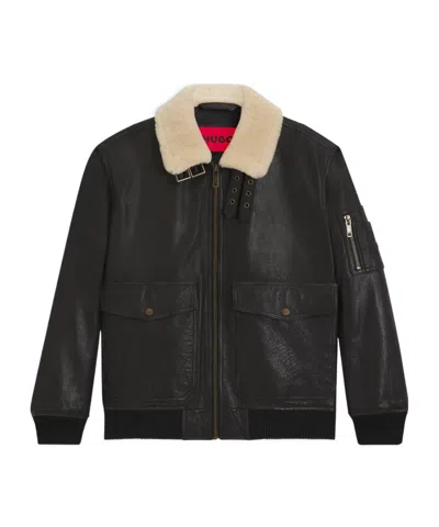 Hugo Boss Bomber Leather Jacket In Black