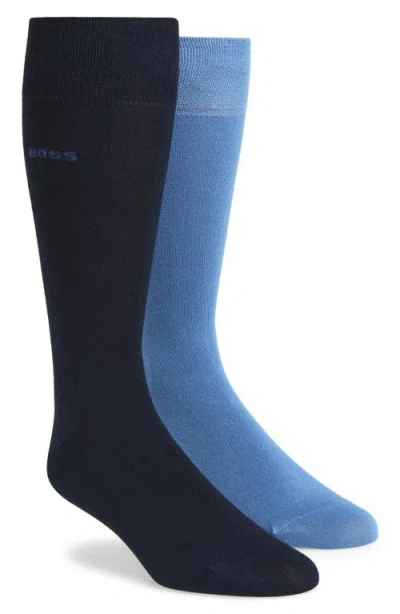 Hugo Boss Boss 2-pack Solid Cotton Blend Dress Socks In Blue