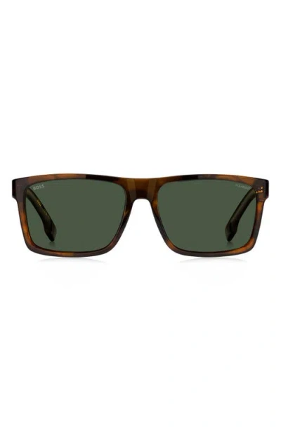 Hugo Boss Boss 59mm Polarized Rectangular Sunglasses In Brown Horn/green Polar