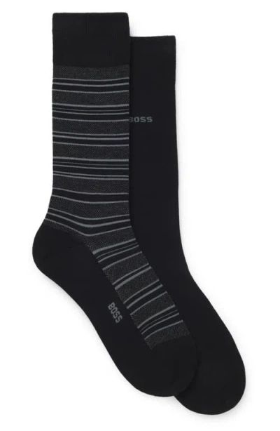 Hugo Boss Boss Assorted 2-pack Solid & Stripe Cotton Blend Dress Socks In Black
