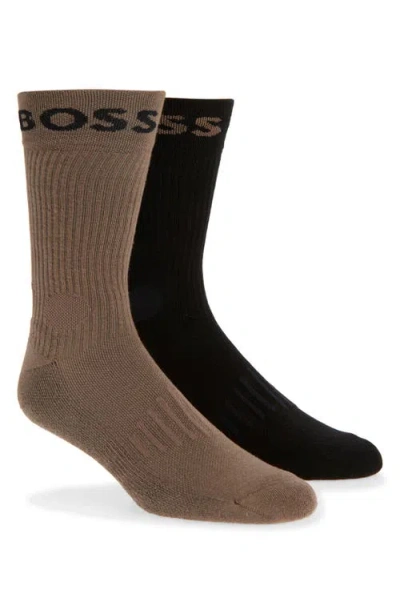 Hugo Boss Boss Assorted 2-pack Solid Ribbed Cotton Blend Sport Socks In Brown