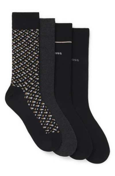 Hugo Boss Boss Assorted 4-pack Monogram & Solid Cotton Blend Dress Socks Gift Box In Multi