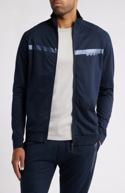 Hugo Boss Boss Authentic Chest Stripe Cotton Zip Jacket In Dark Blue
